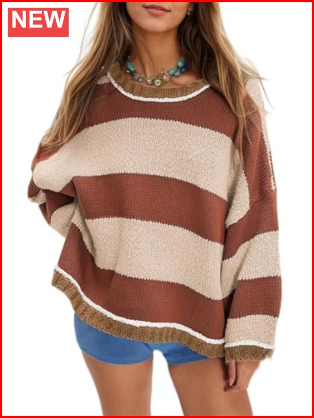 Women's Chunky Knit Striped Pullover Oversized Cotton Blend Sweater Long Sleeve